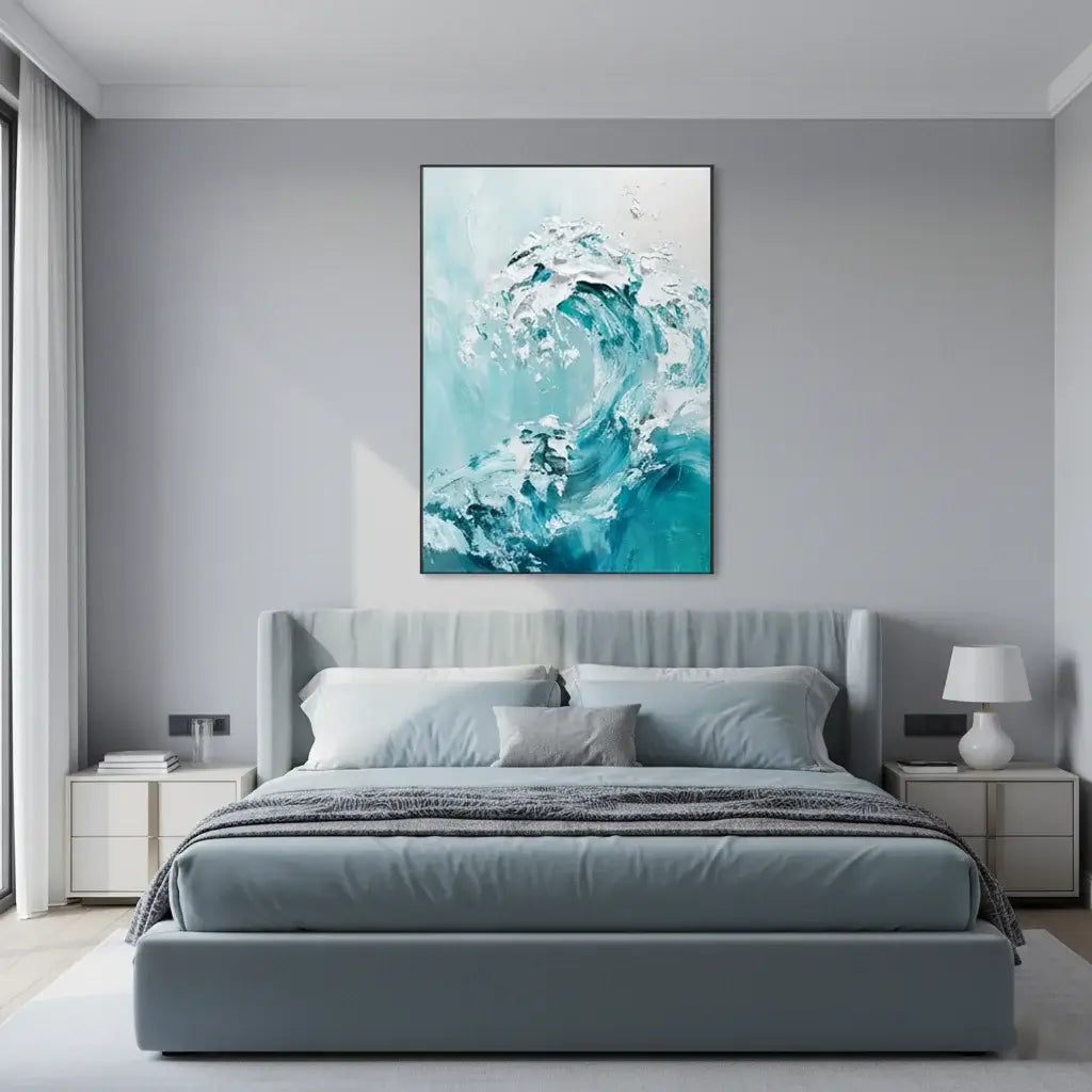 Modern bedroom with a gray bed and abstract ocean wave painting on the wall.