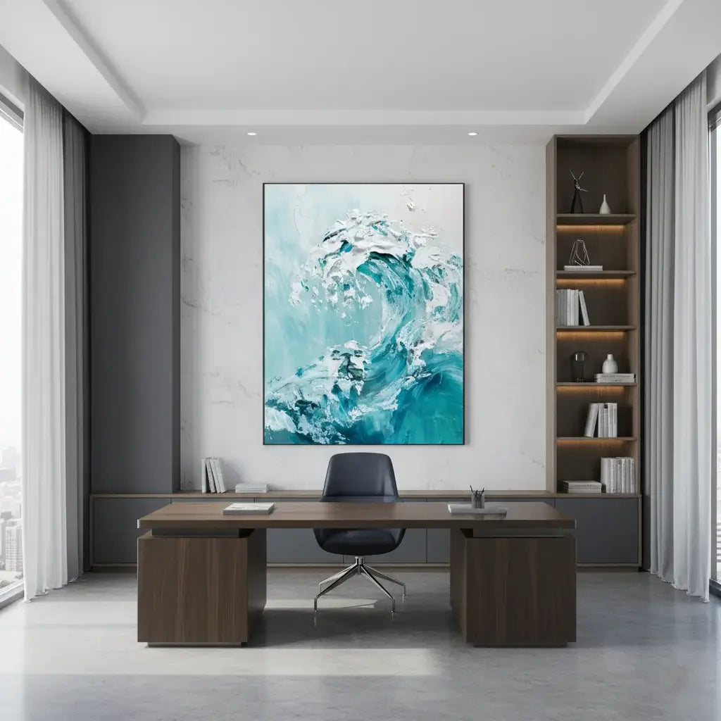 Modern office interior with a large abstract painting of a wave on the wall.