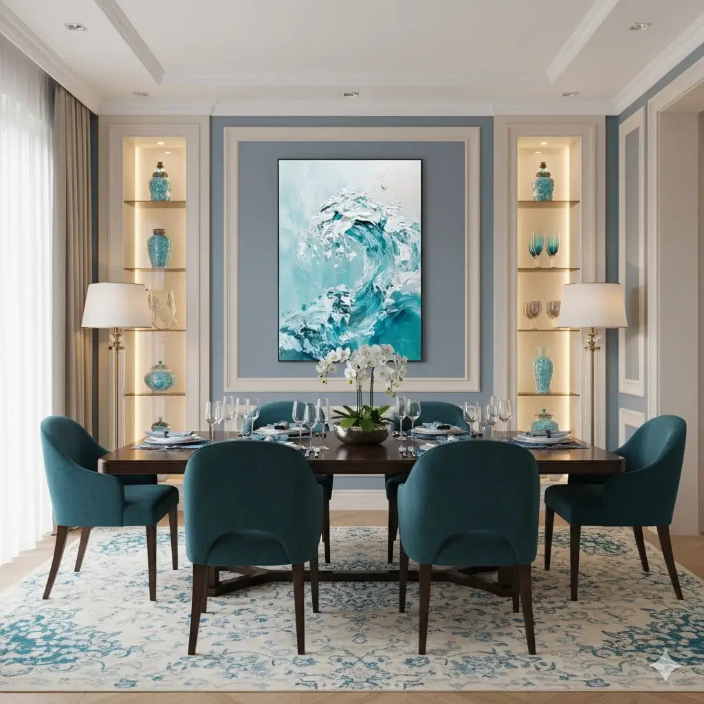 Modern dining room with teal chairs, a wooden table, and a large abstract painting of water.