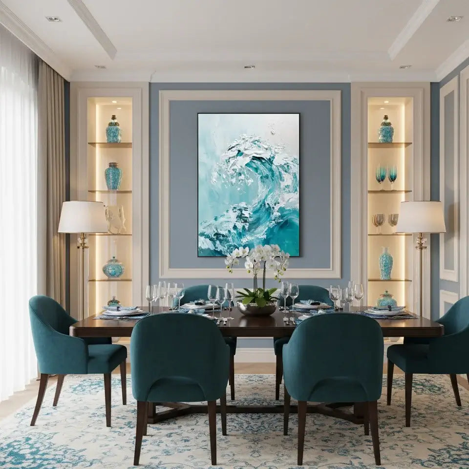 Modern dining room with teal chairs, a wooden table, and a large abstract painting of water.