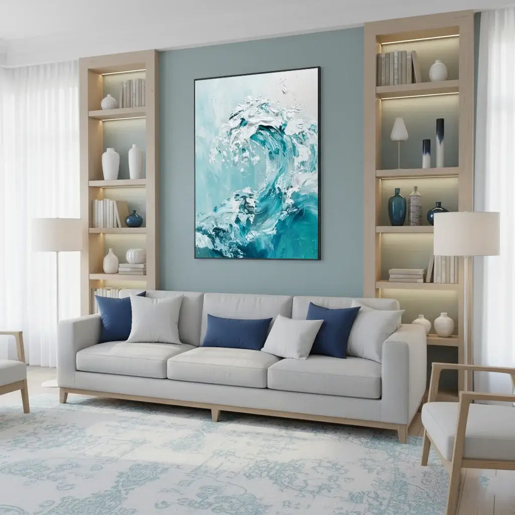 Living room with a gray sofa, blue and white pillows, and a large abstract painting on the wall.