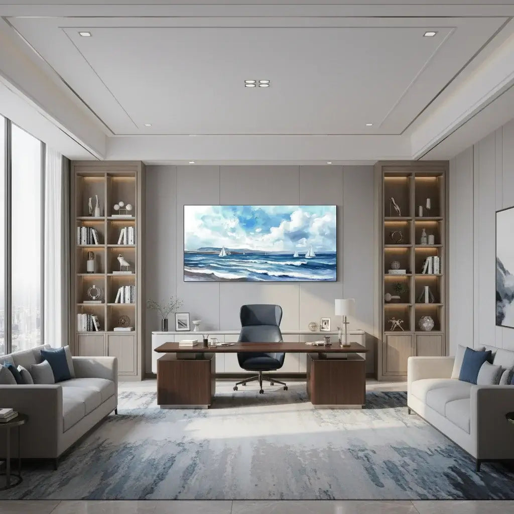 Modern office with a large oil painting, bookshelves, and comfortable seating.