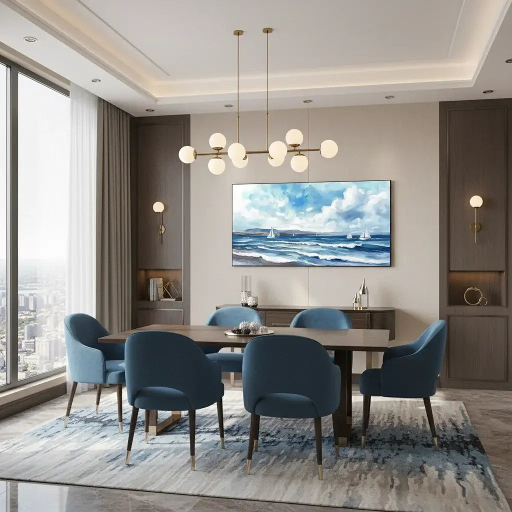 Modern dining room with blue chairs, a wooden table, and a large ocean oil painting on the wall.