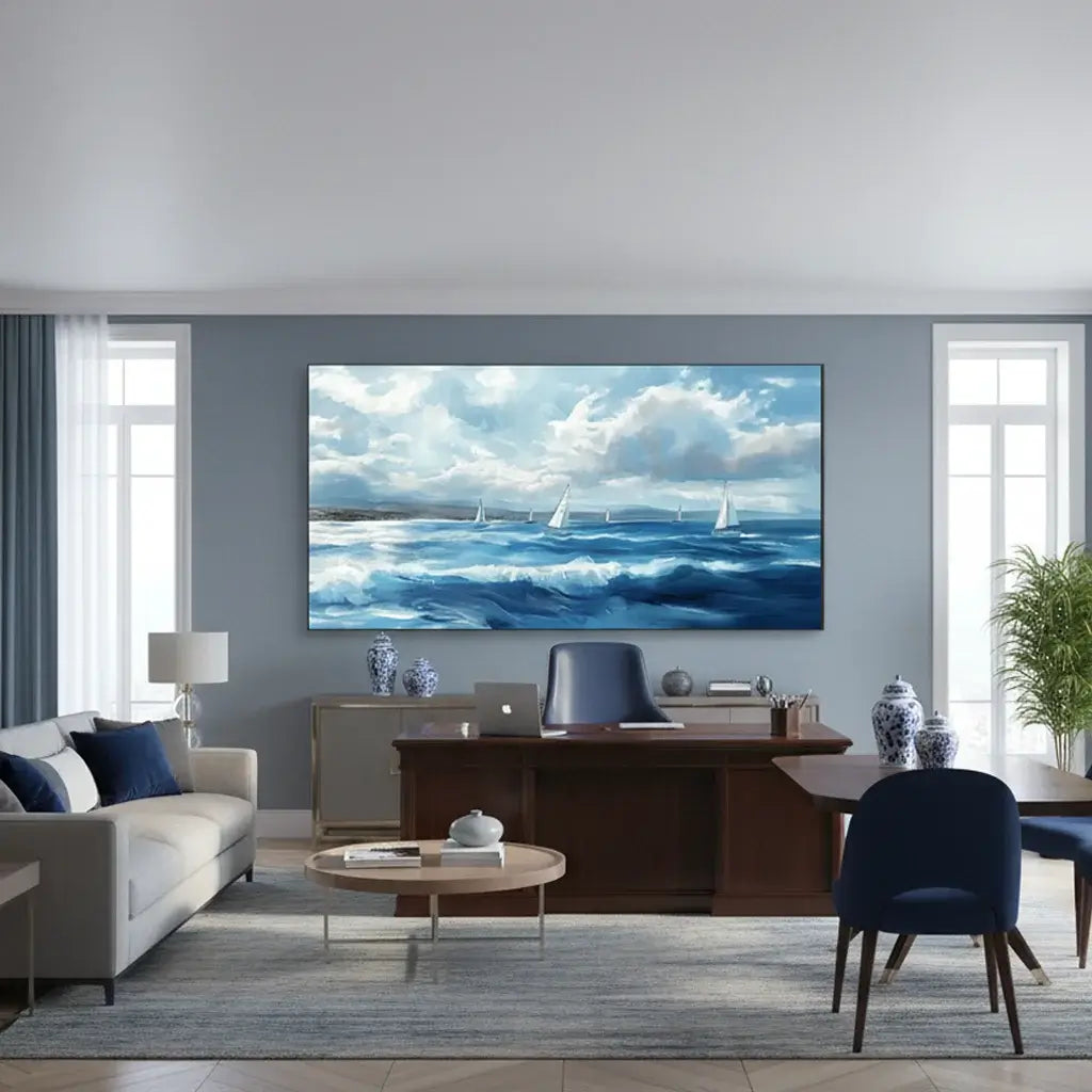 Modern living room with a large wall-mounted painting of sailboats on a blue sky.