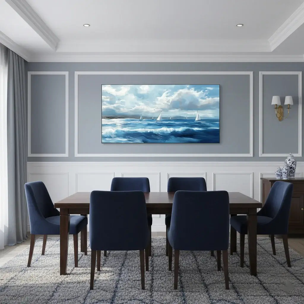 Dining room with a large wall-mounted painting of a seascape.
