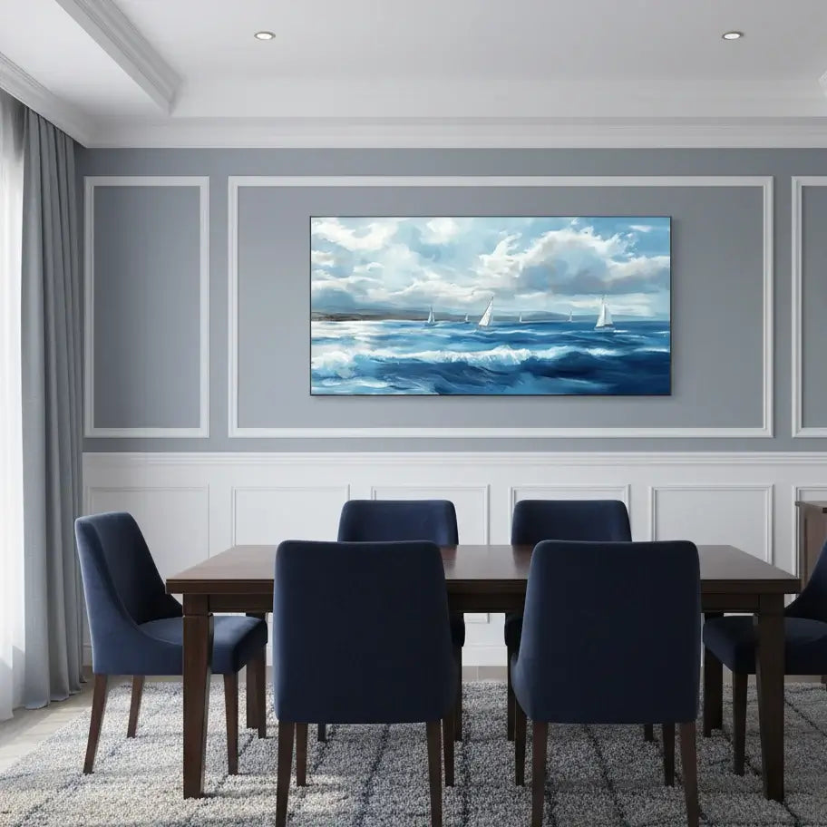 Dining room with a large wall-mounted painting of a seascape.