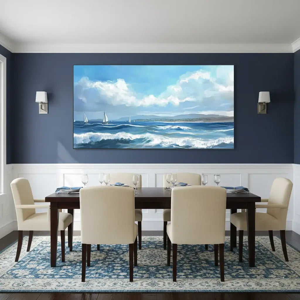 Dining room with a large seascape painting on the wall above a table and chairs.