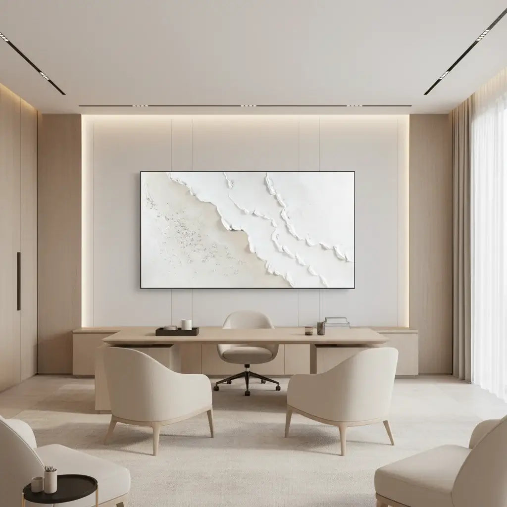 Modern office interior with a large abstract painting on the wall.
