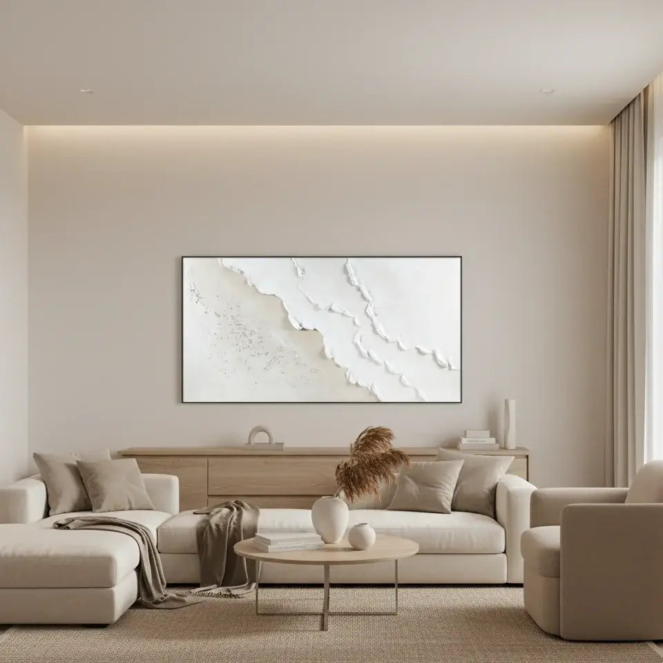 Modern living room with neutral artwork