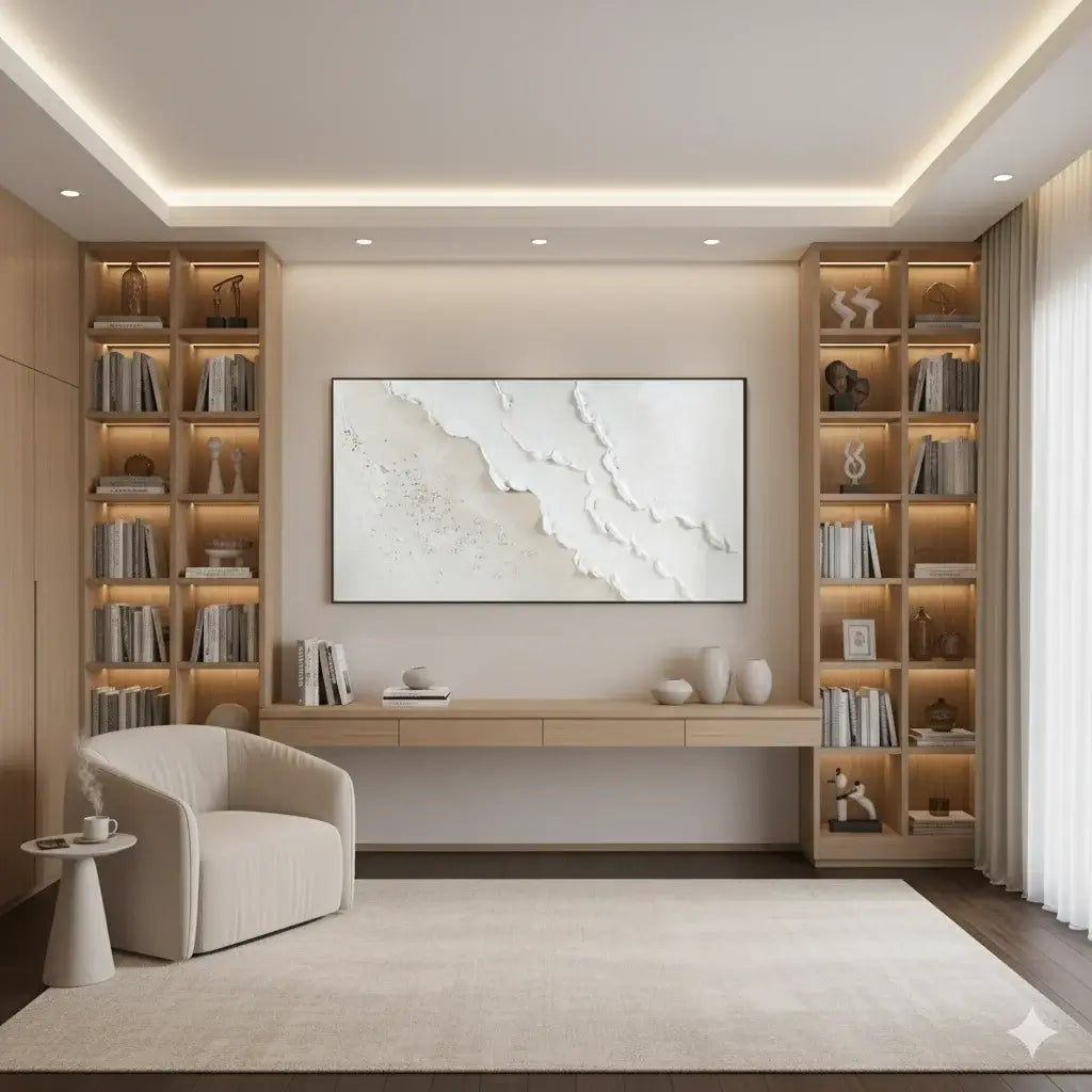 Modern living room with bookshelves, an Ocean Waves Painting, and a chair.