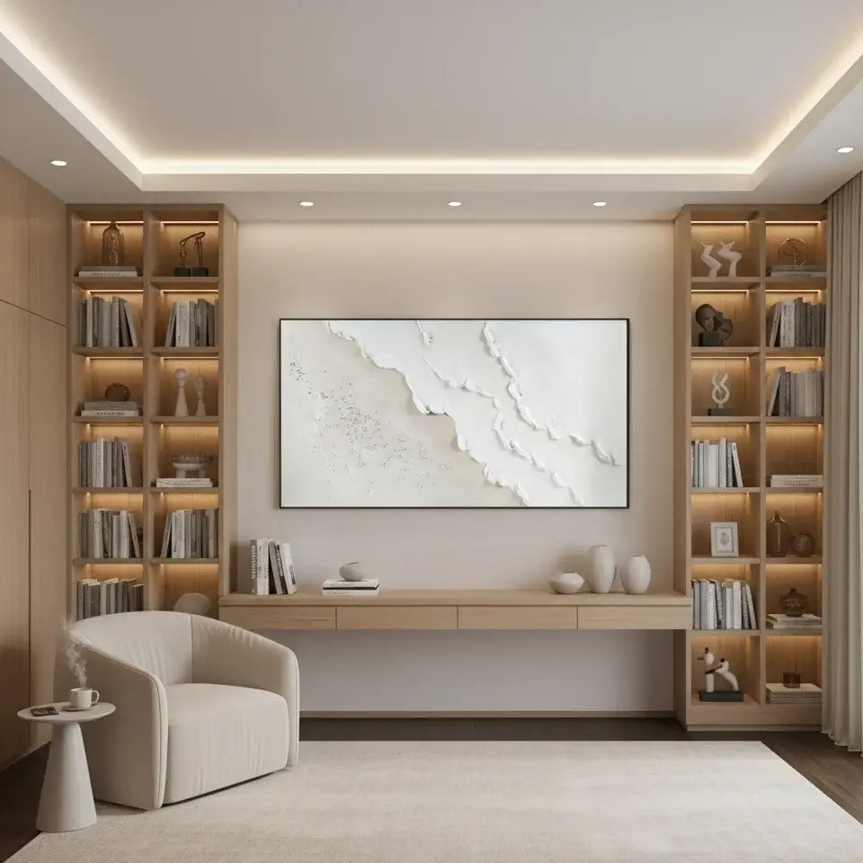 Modern living room with bookshelves, an Ocean Waves Painting, and a chair.