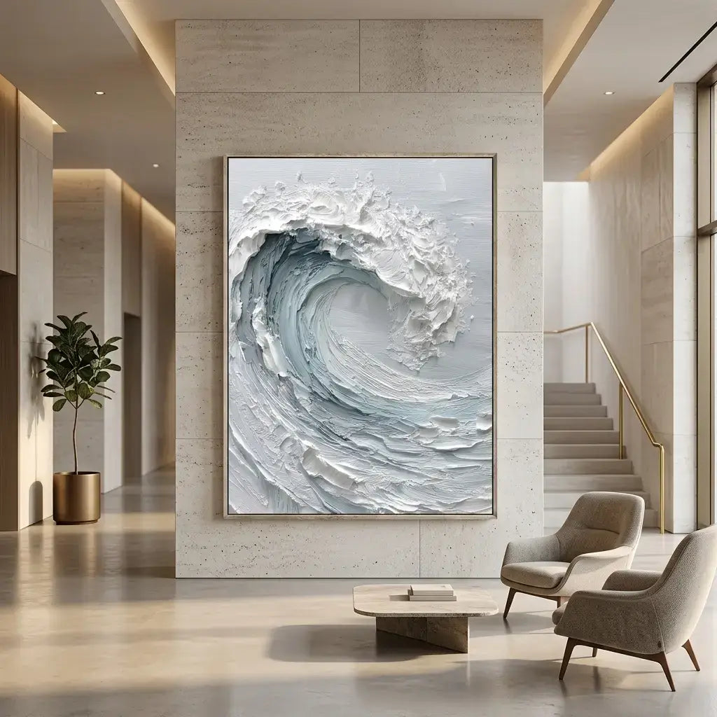 Modern interior with a large abstract painting of a wave on a wall.