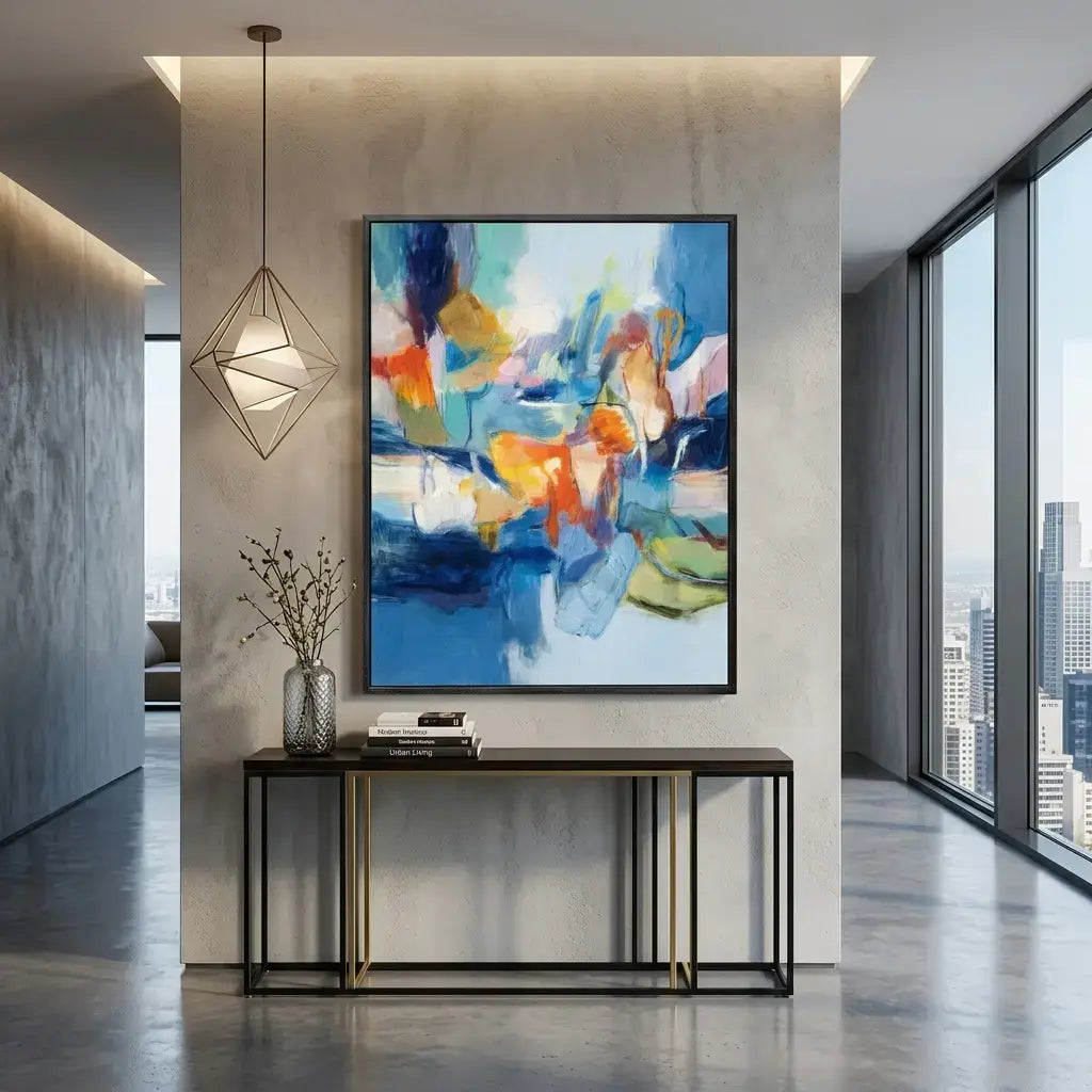 Modern interior with a colorful abstract painting on a wall, a console table, and cityscape view.