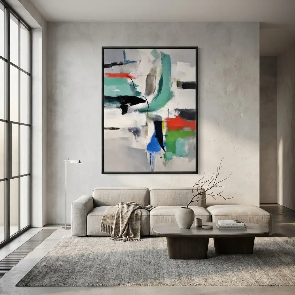 Modern living room with a gray sofa, abstract painting, and decorative items.