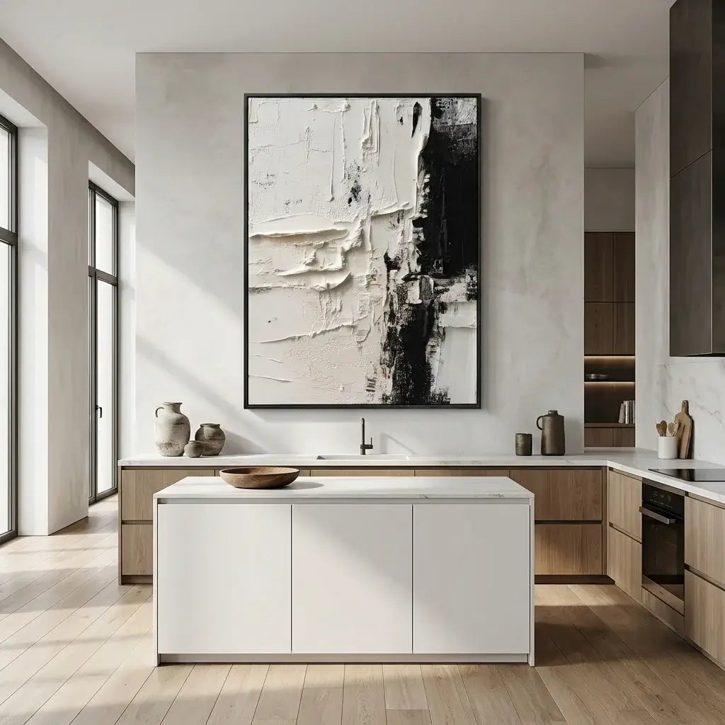 Modern kitchen with abstract art on the wall