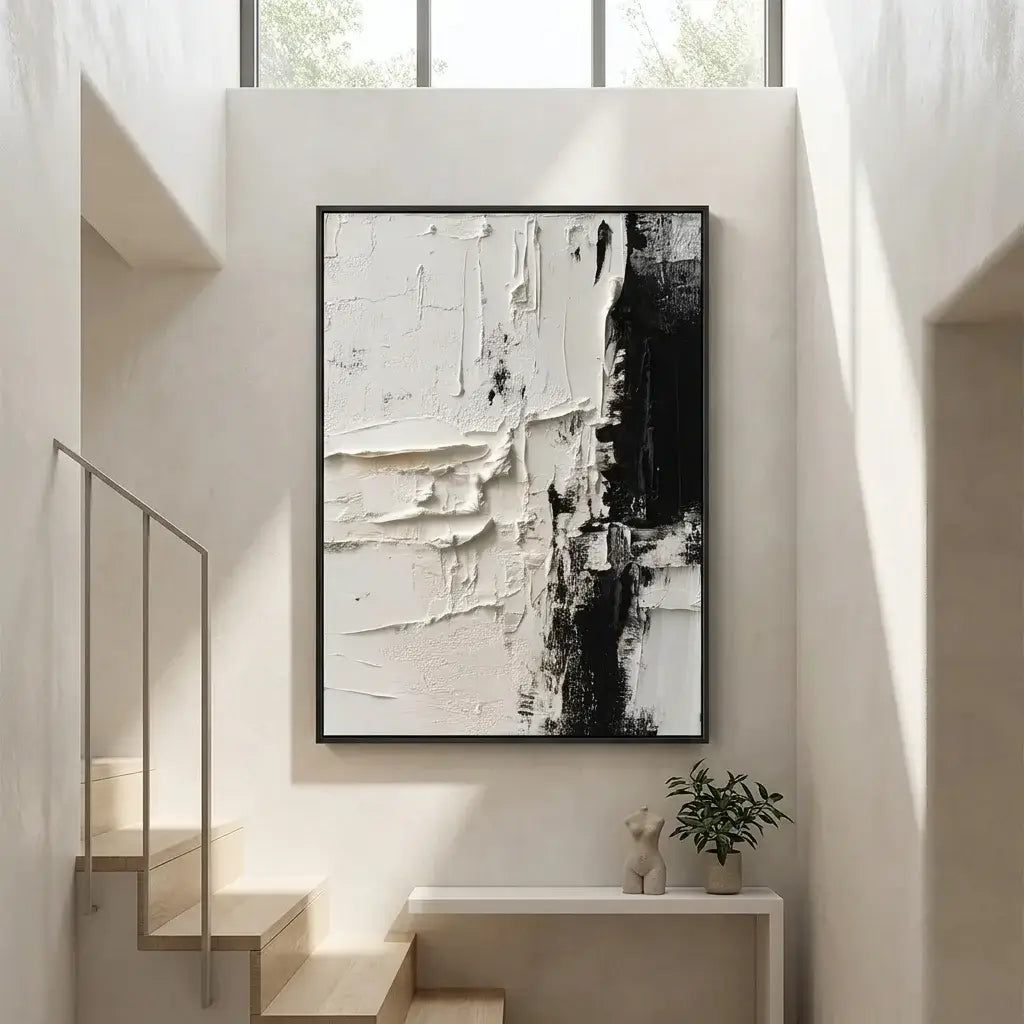 Abstract art piece in a modern interior setting with a plant and small table.