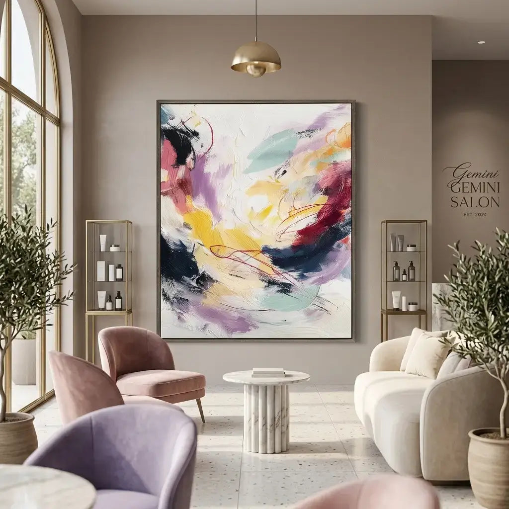 Modern living room with abstract art, furniture, and decor