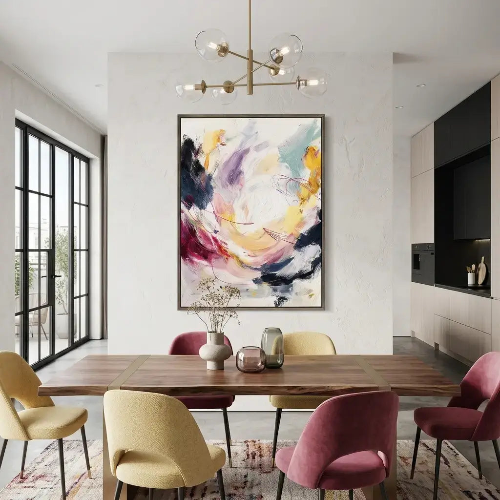 Modern dining room with a colorful abstract painting on the wall.
