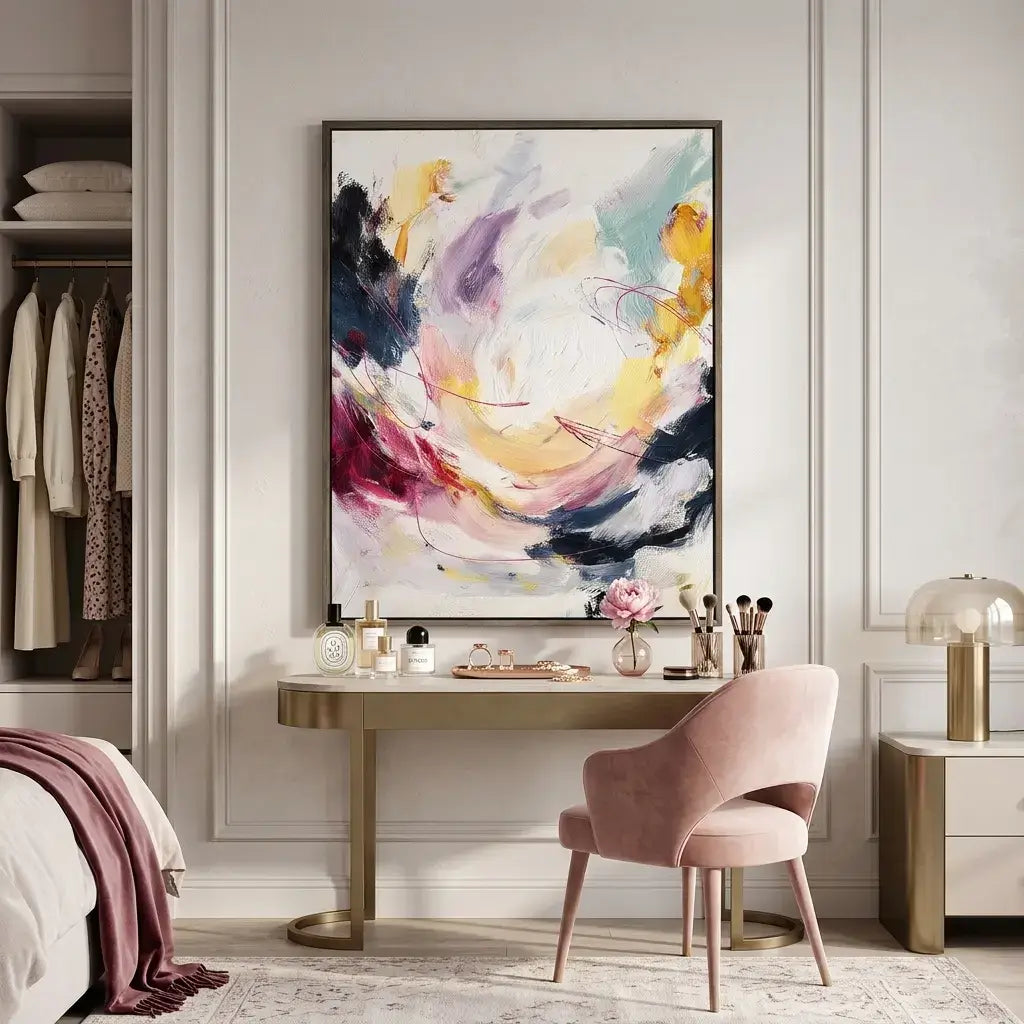 Modern bedroom with abstract art, desk, and chair.