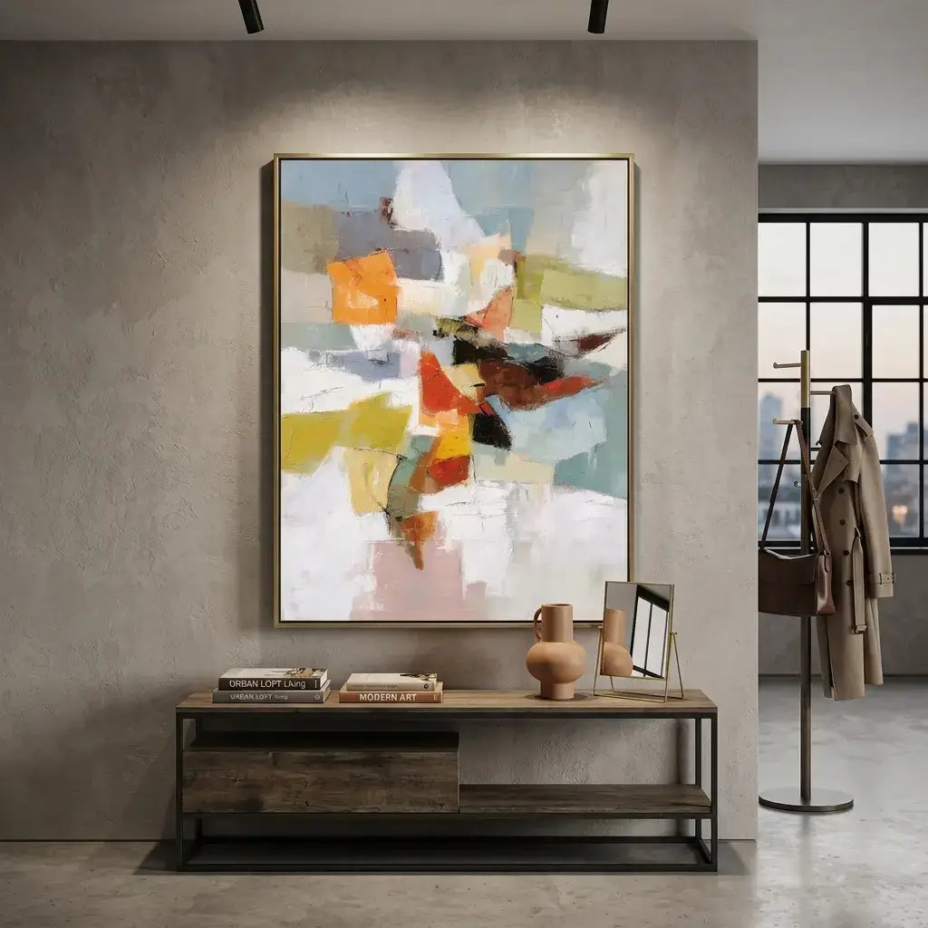 Abstract art piece on a wall in a modern interior setting with a console table.