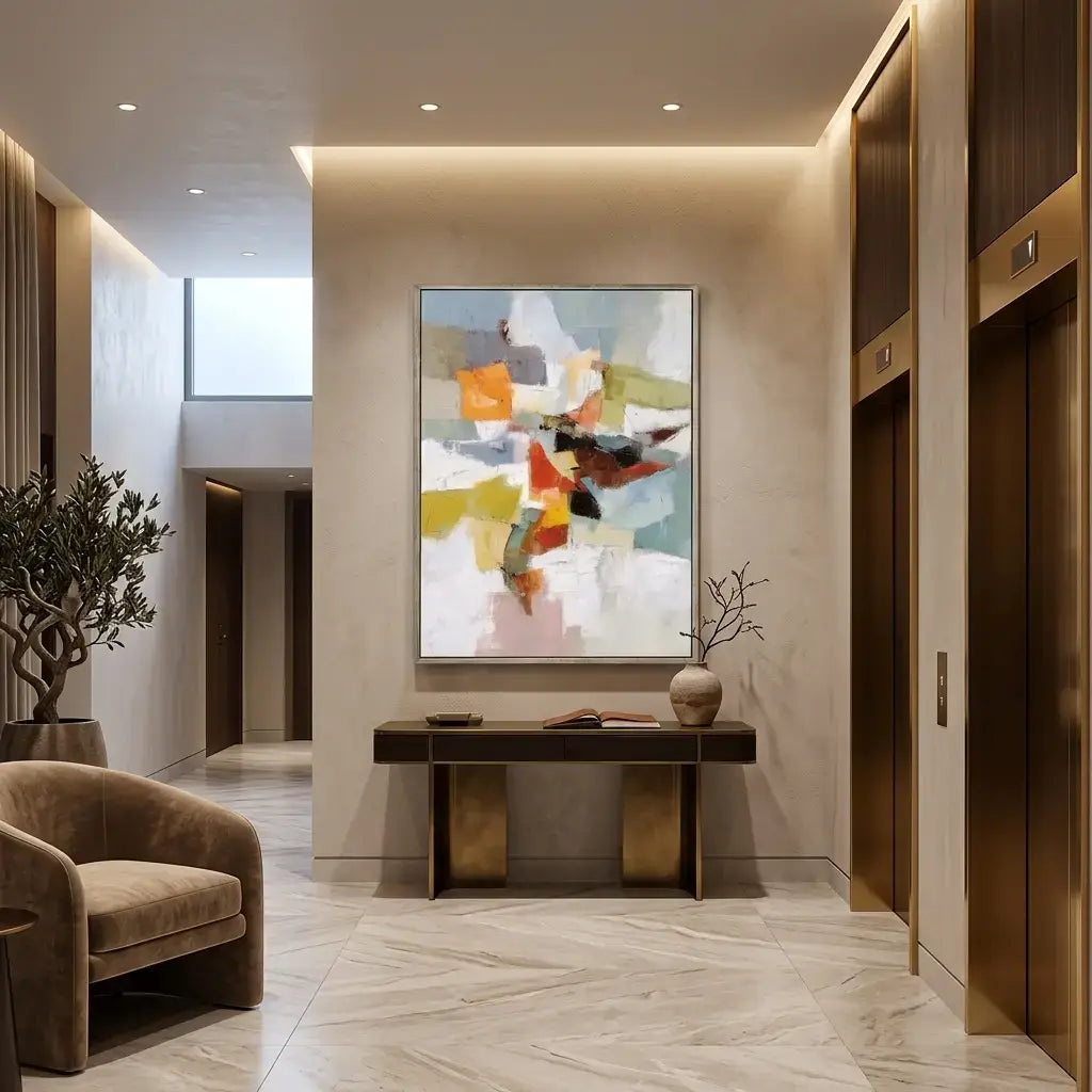 Modern interior hallway with abstract art, console table, and armchair.