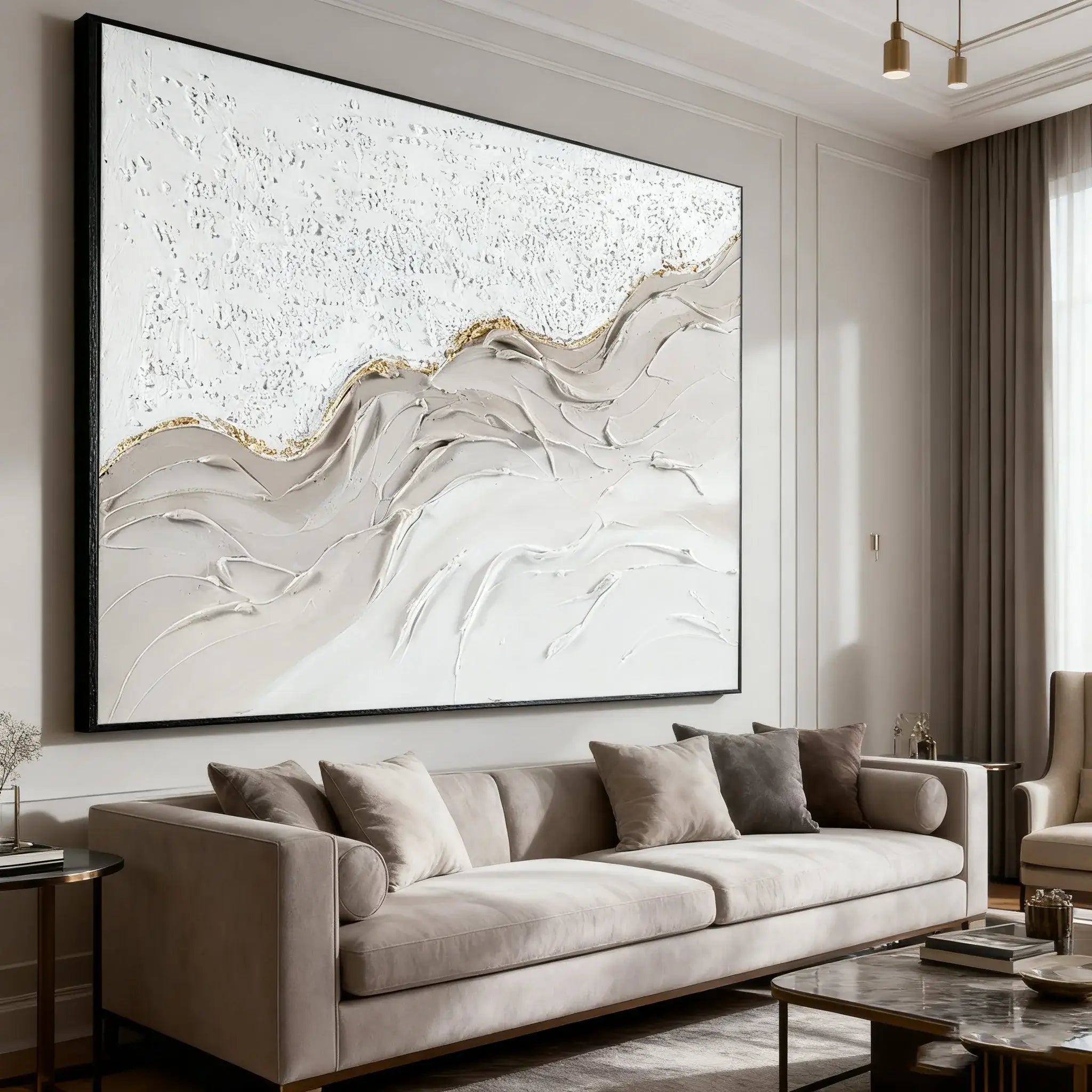 Modern living room with a large abstract painting above a beige sofa.