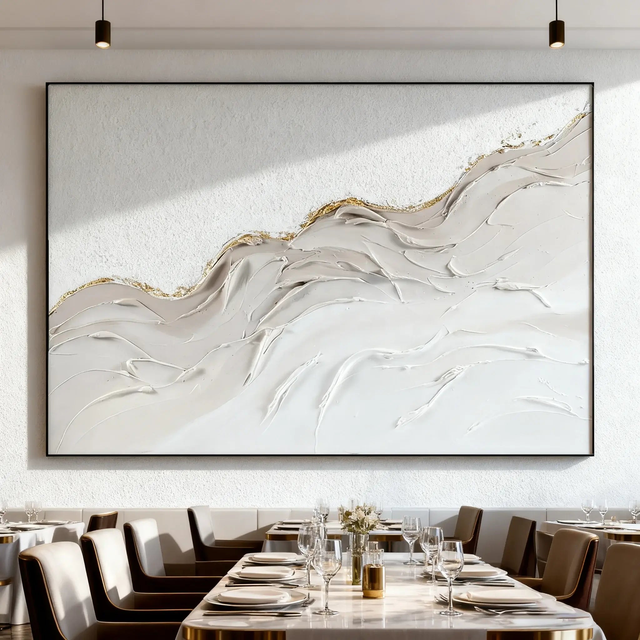 Abstract art piece on a wall above a dining table in a modern restaurant setting.