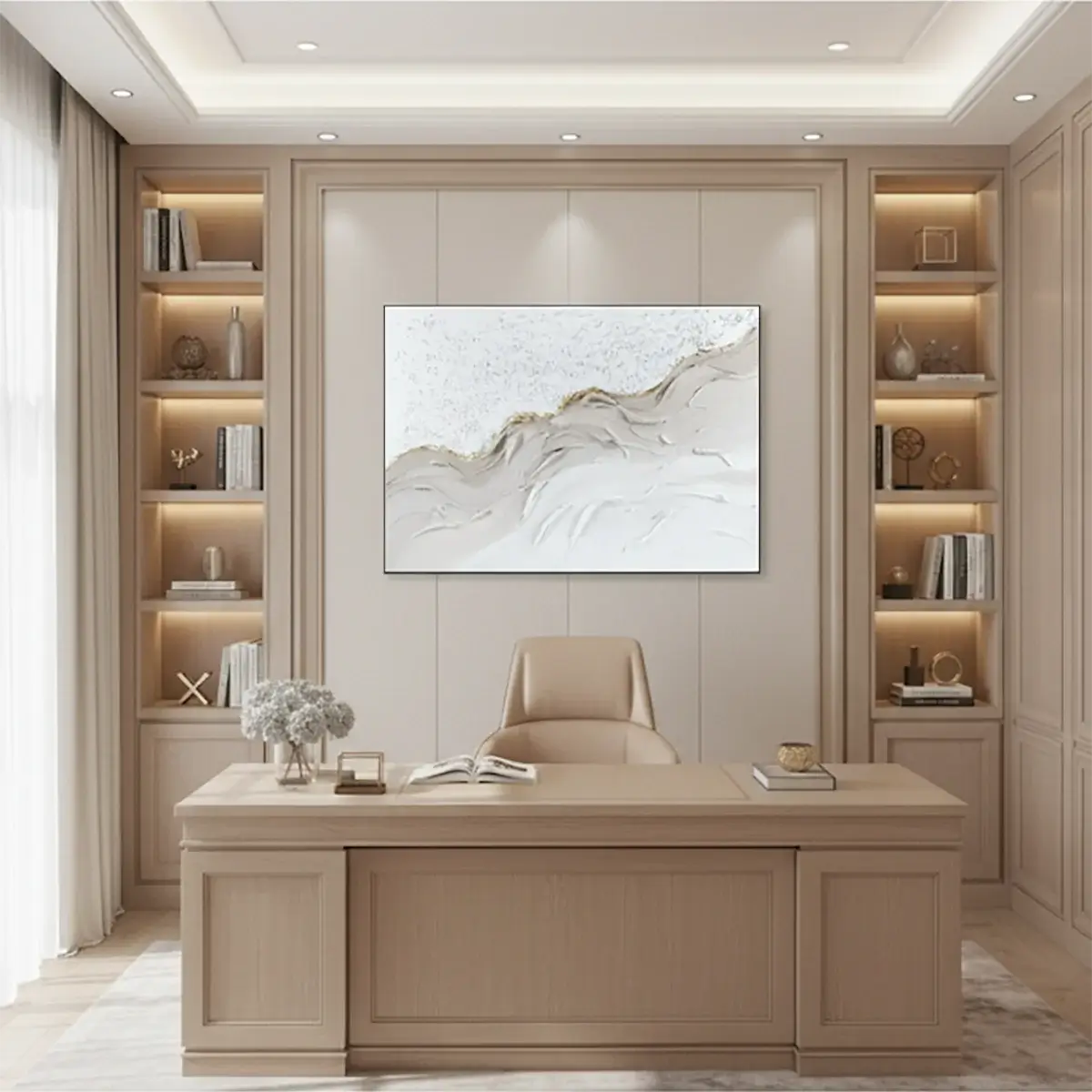 Modern office interior with a beige desk, shelves, and abstract wall art.