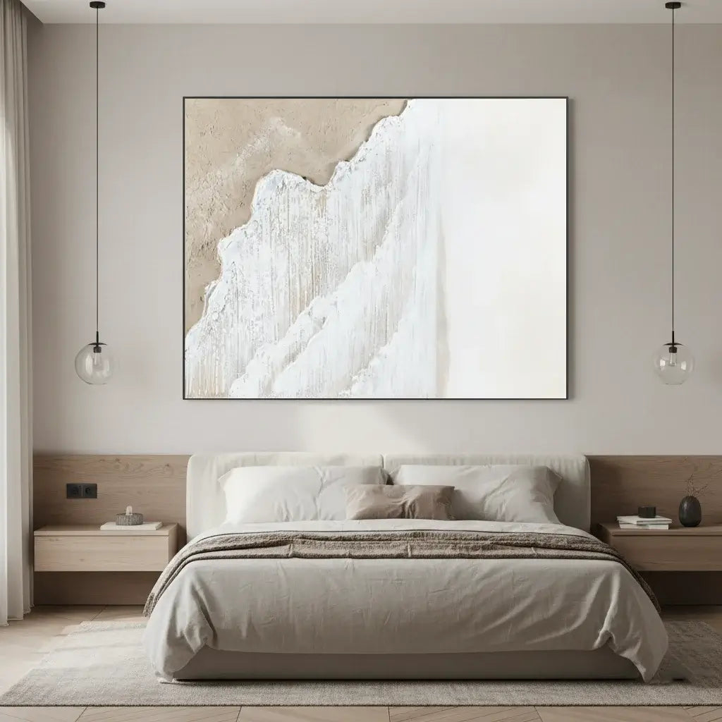 Modern bedroom with abstract wall art above a bed
