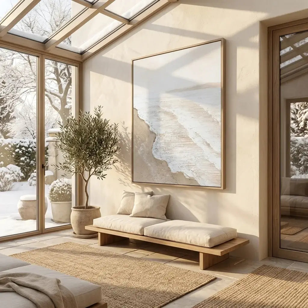 Modern living room with large windows, a wooden bench, and decorative wall art.