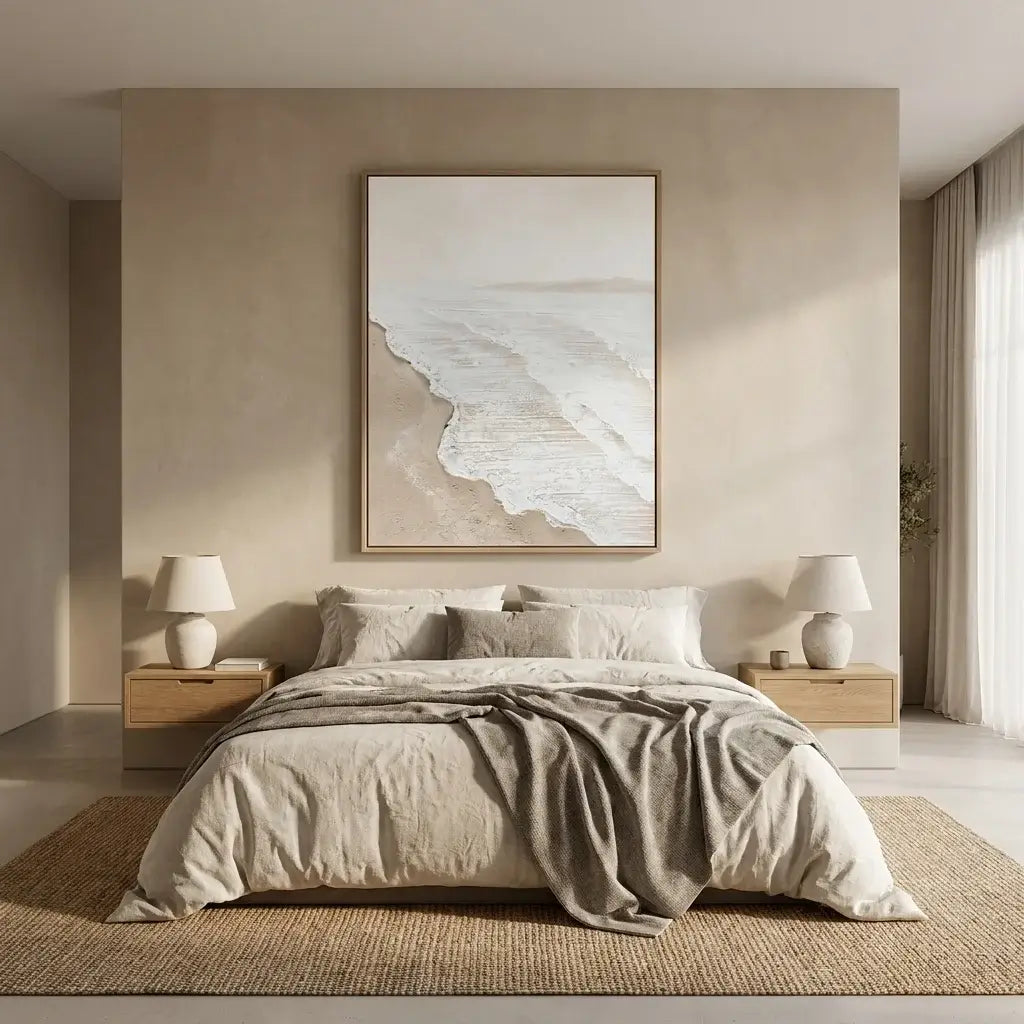 Modern bedroom with a bed, nightstands, and abstract wall art.