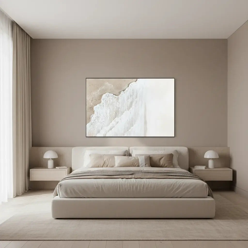 Modern bedroom with a large abstract painting on the wall