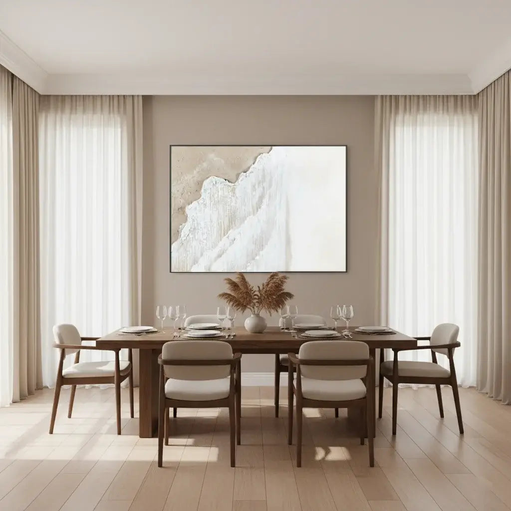 Modern dining room with wooden table and chairs, neutral decor, and large abstract painting on wall.