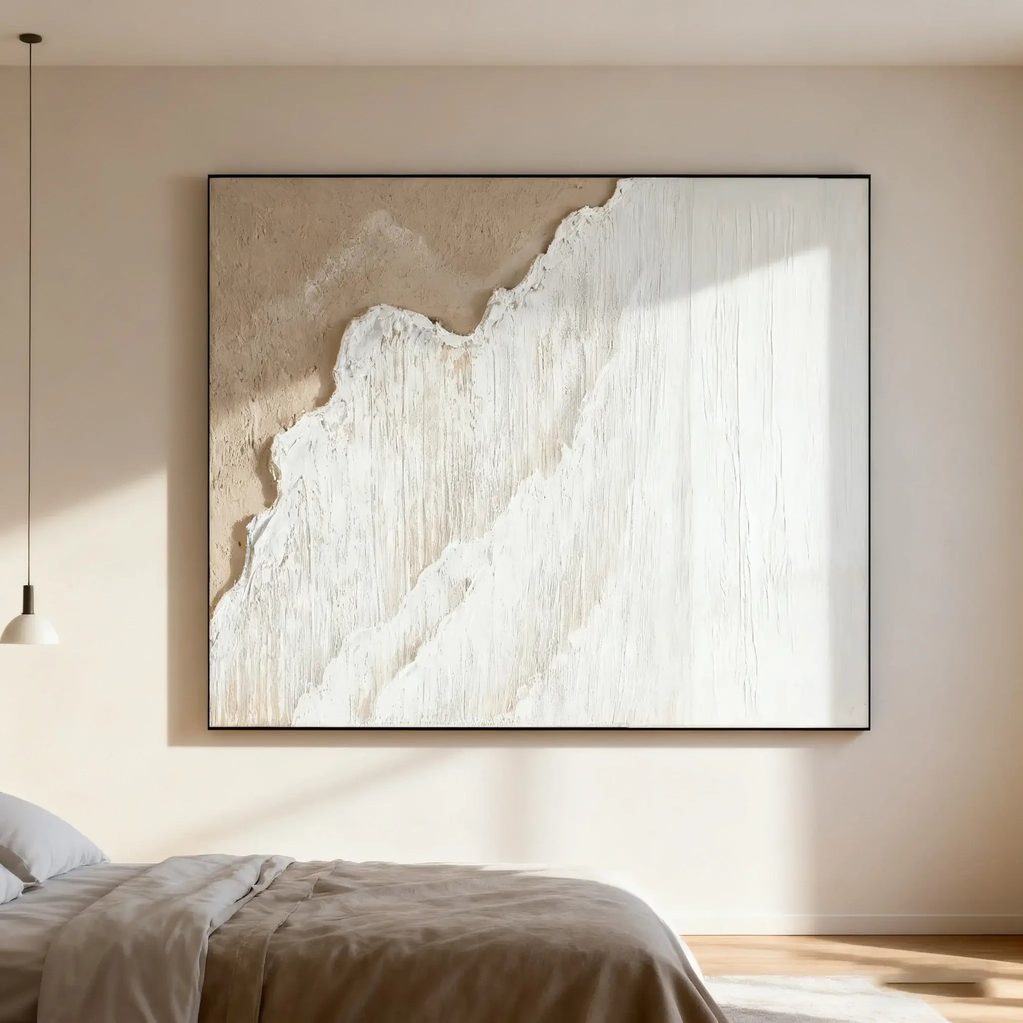 Abstract art piece on a wall in a bedroom setting