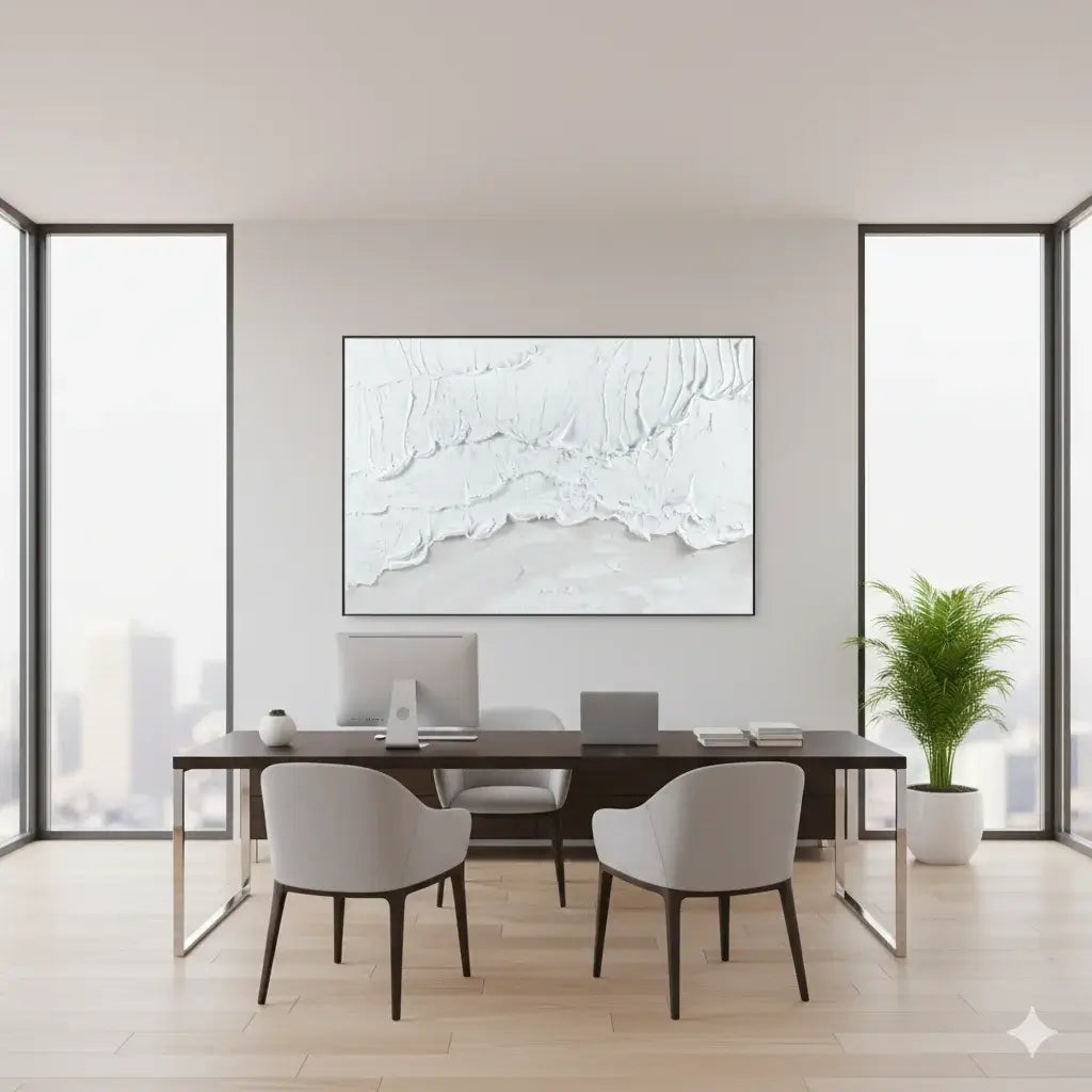 Modern office interior with a desk, chairs, and a large abstract painting on the wall.