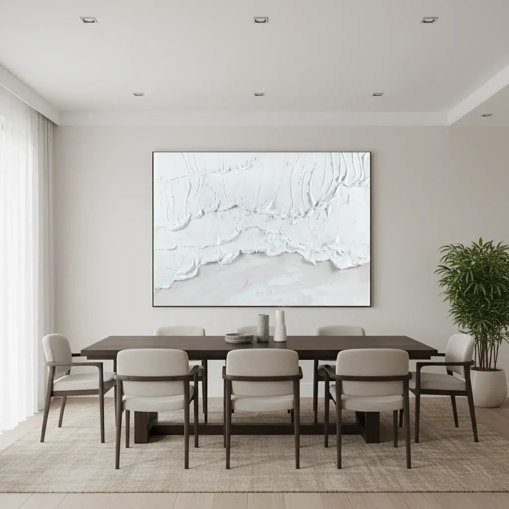 Dining room with a large abstract painting on the wall, a table, and chairs.