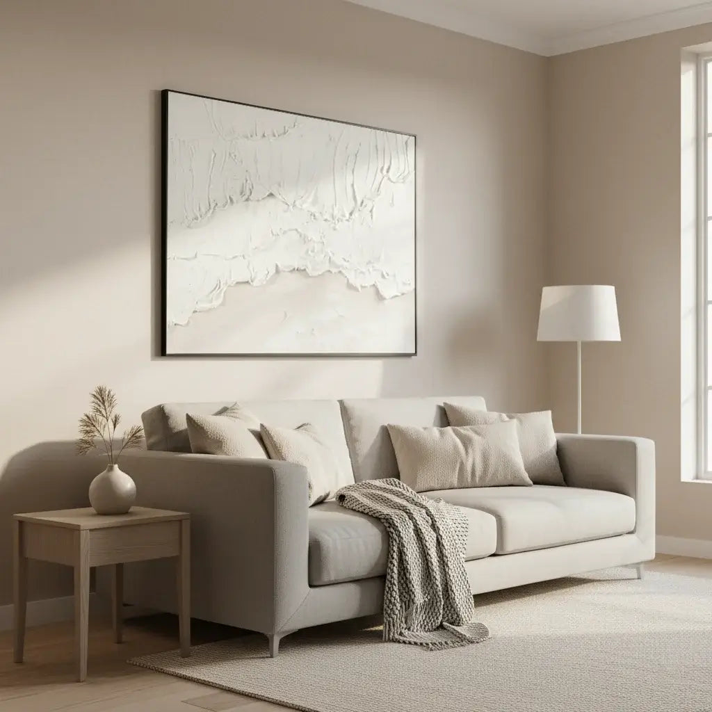Modern living room with a beige sofa, side table, and abstract artwork on the wall.