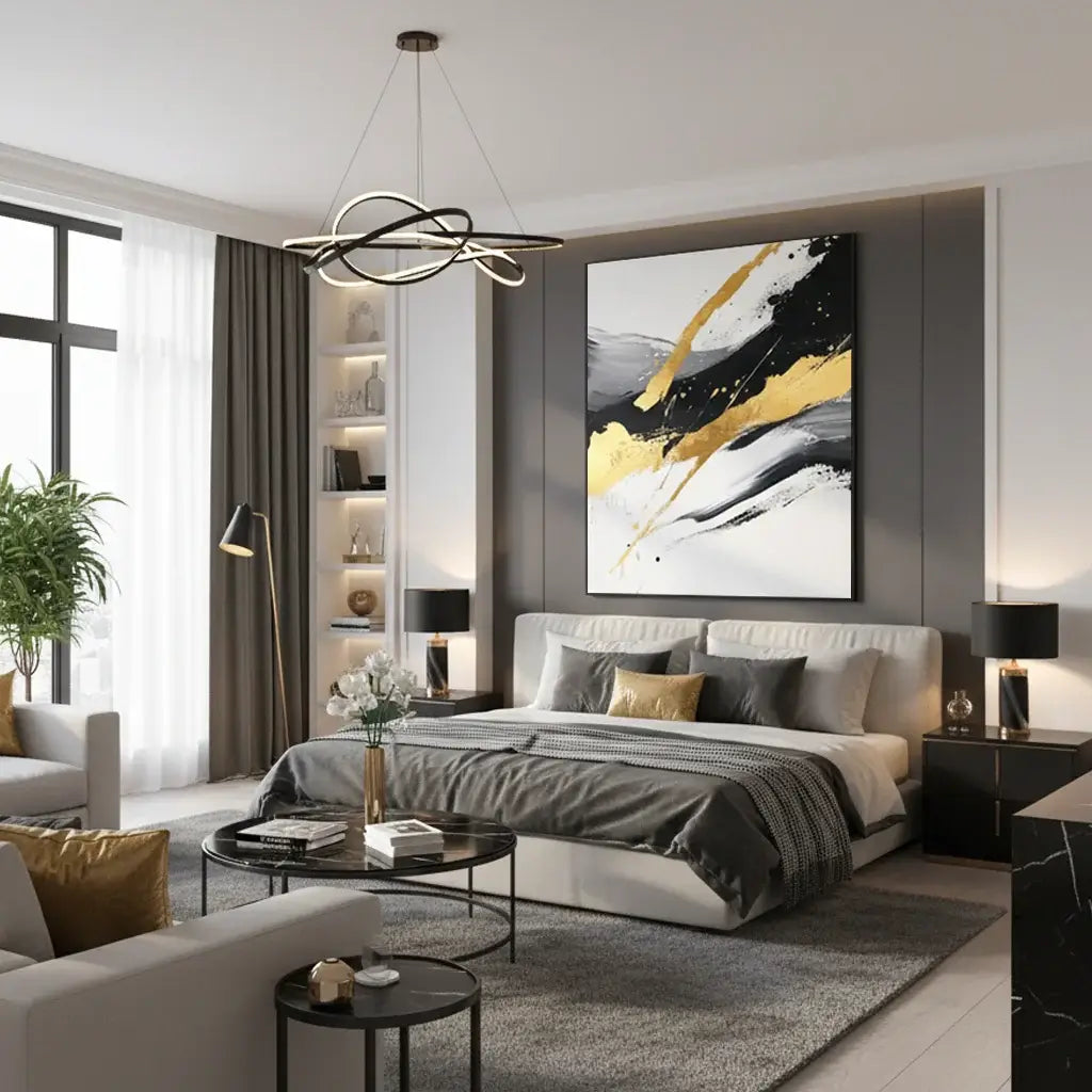 Modern living room with a bed, coffee table, and abstract art on the wall.