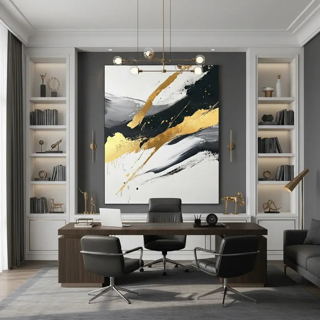 Modern office interior with a large abstract painting, desk, and chairs.