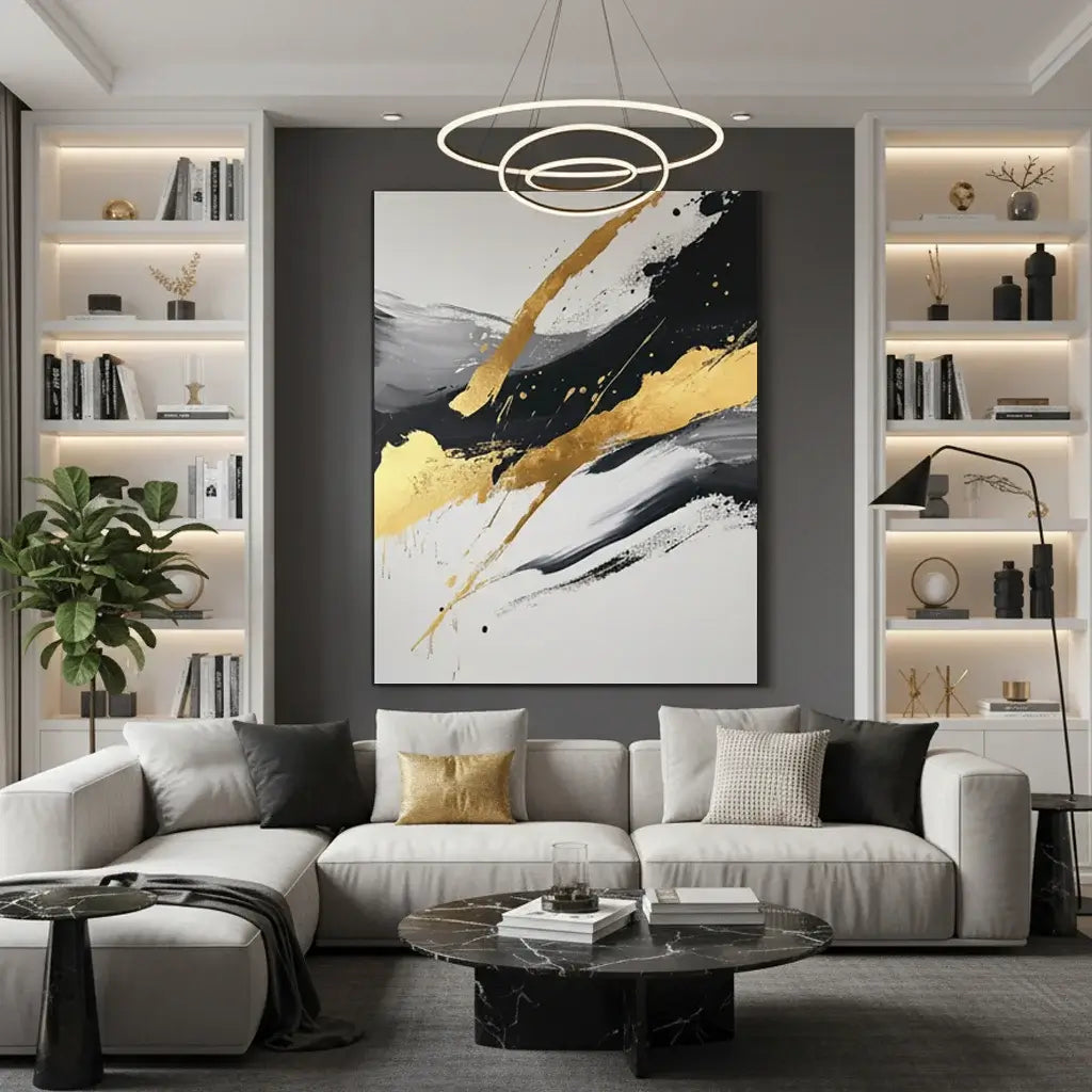 Modern living room with a gray sofa, abstract painting, and bookshelves.