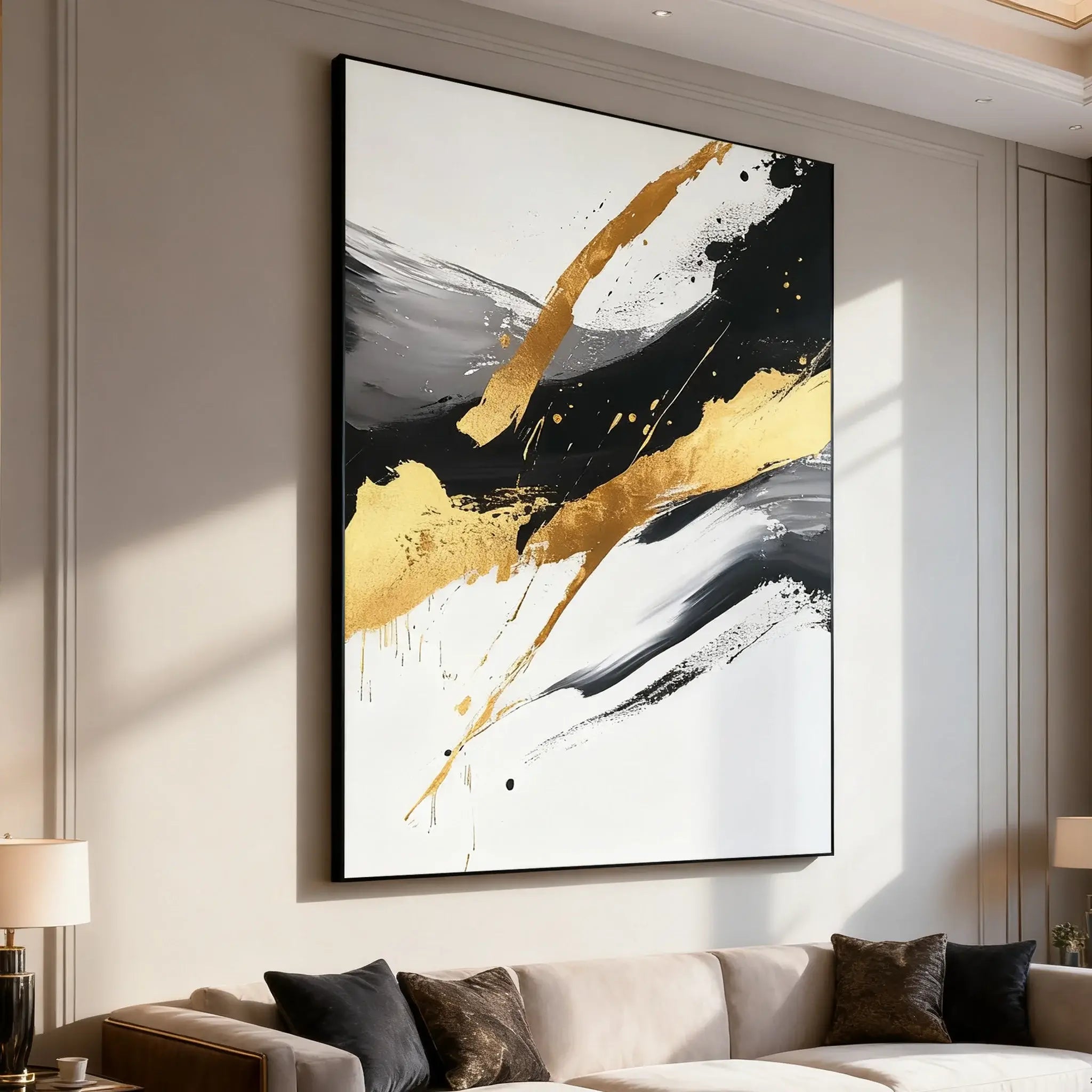 Abstract art piece with gold and black strokes on a wall above a sofa.