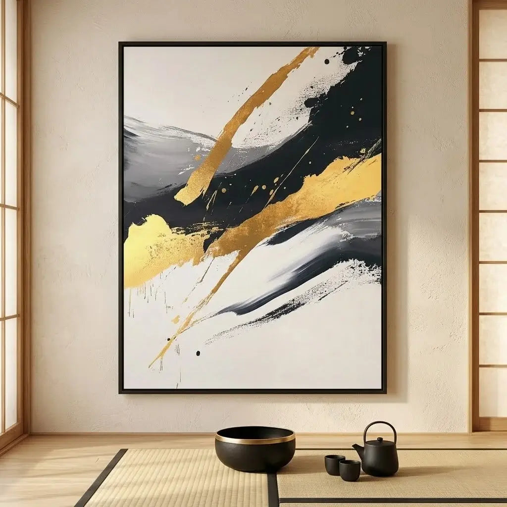 Abstract art piece with gold and black strokes on a wall above a sofa.