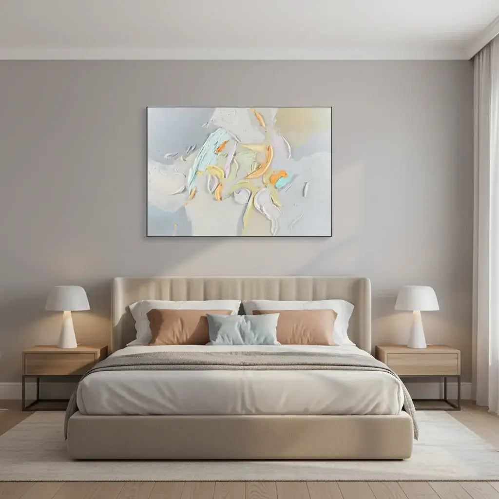 Modern bedroom with a bed, nightstands, and abstract wall art.