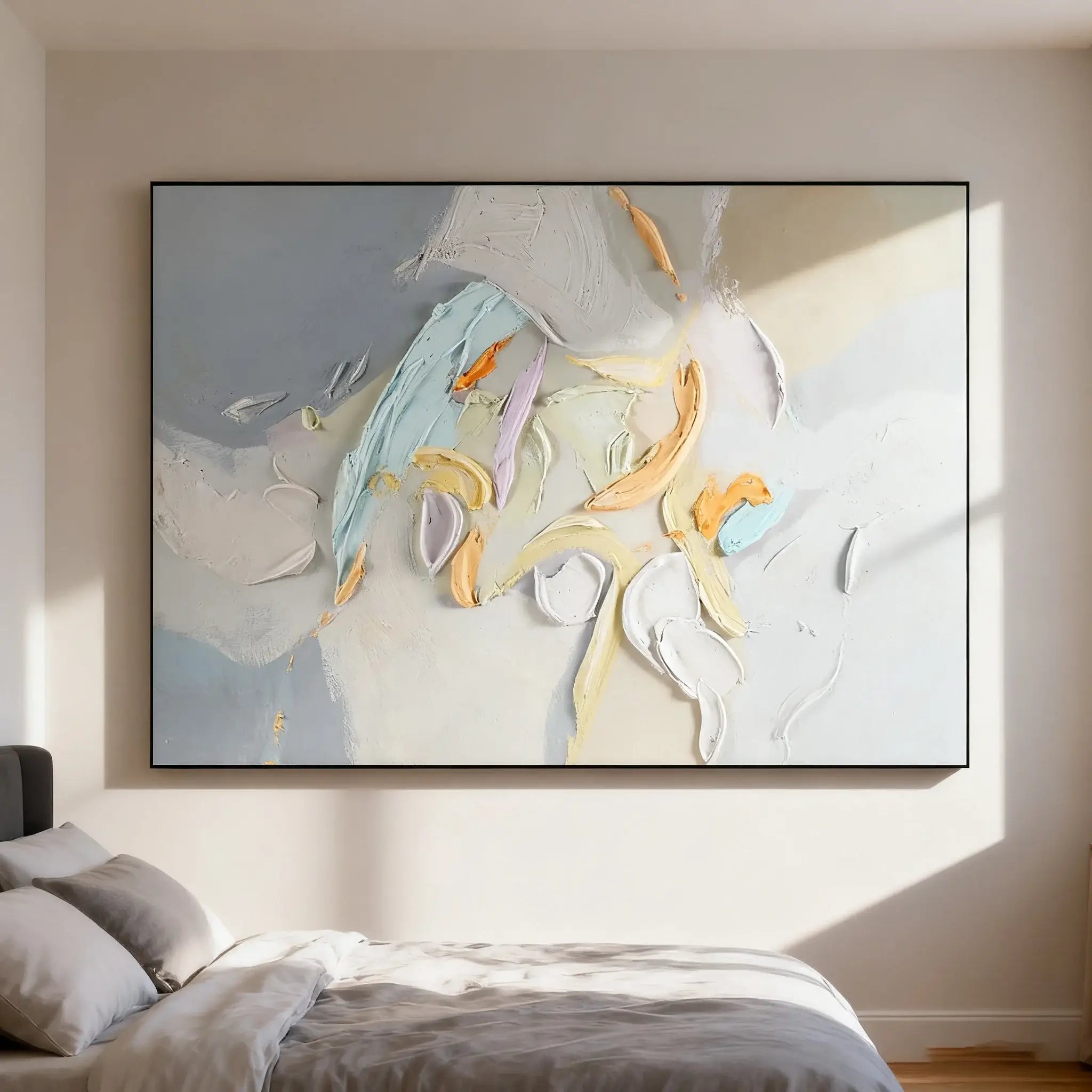 Abstract painting in a modern bedroom setting