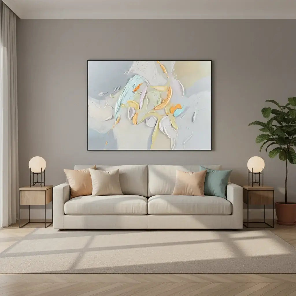 Modern living room with a beige sofa, abstract painting, and side tables.