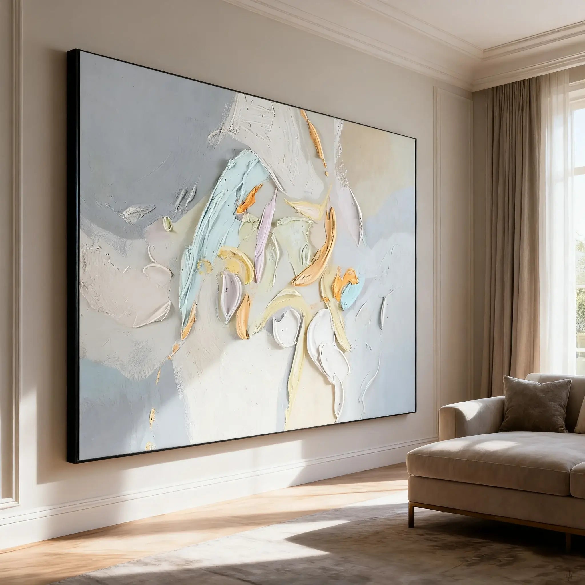 Abstract painting on a wall in a living room with a sofa and window.