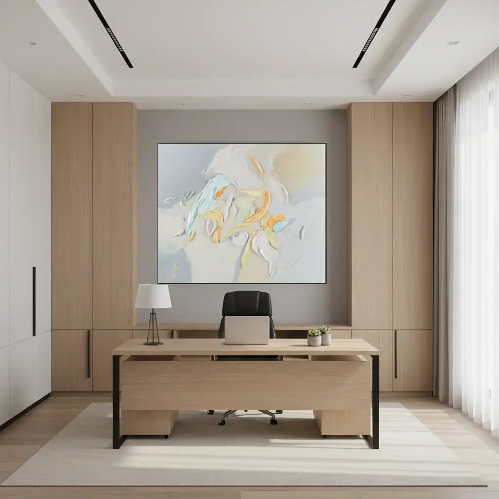 Modern office interior with a wooden desk, chair, and abstract painting on the wall.