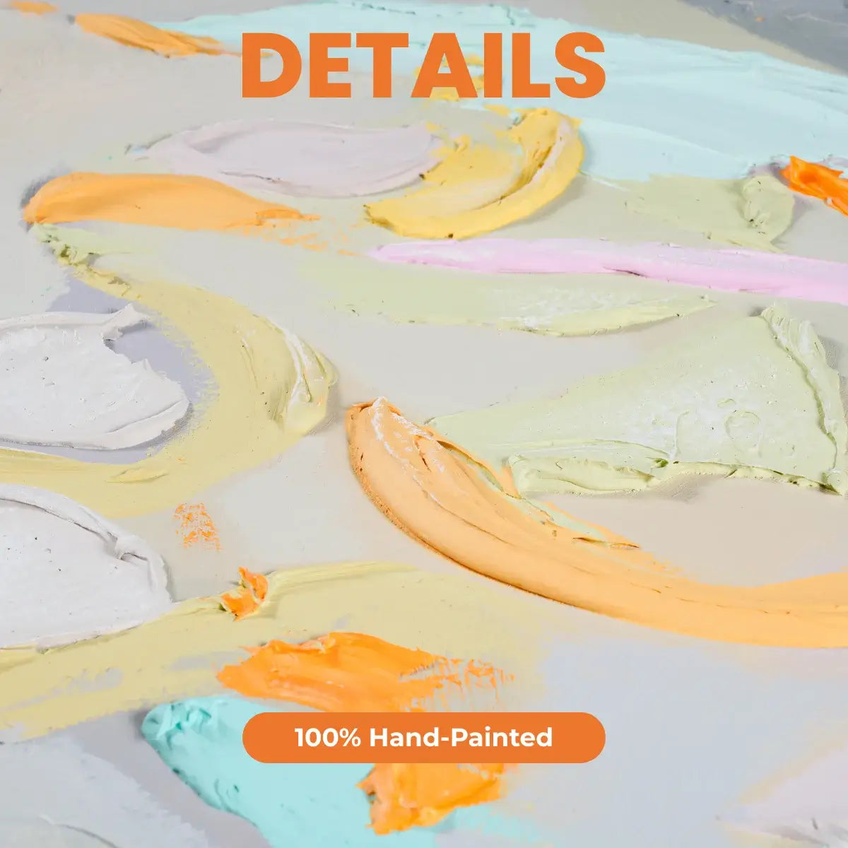 Hand-painted abstract art with colorful brush strokes and '100% Hand-Painted' text.
