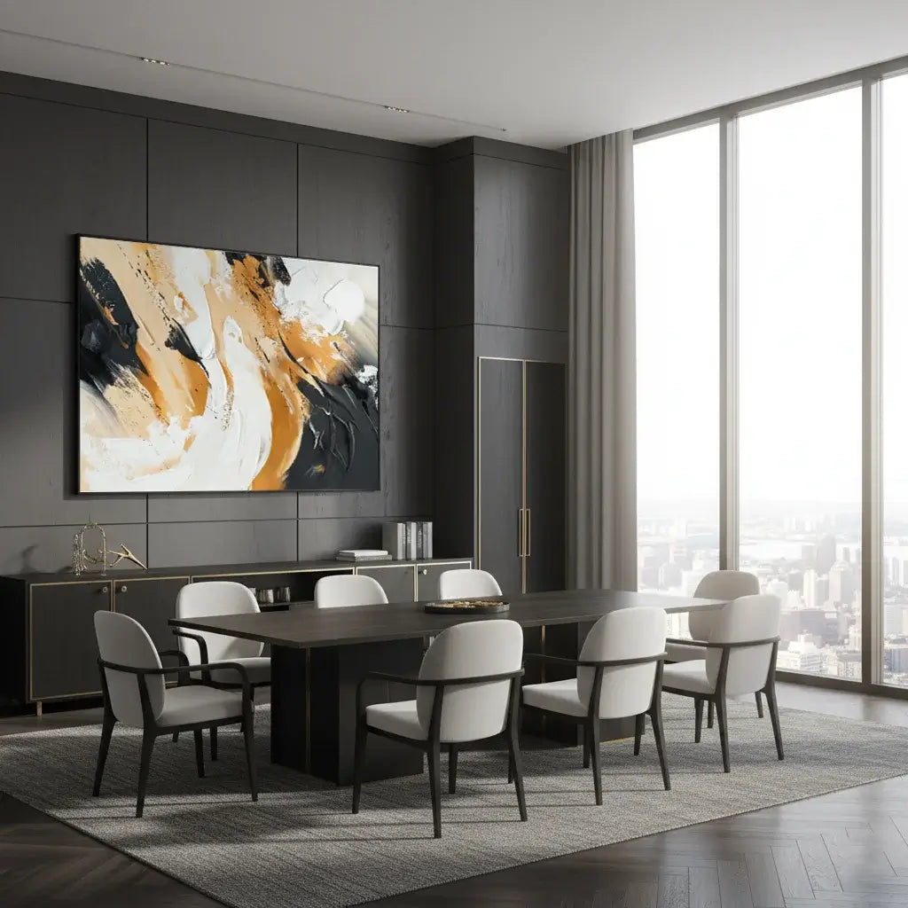 Modern dining room with a large abstract painting on the wall and a cityscape view.