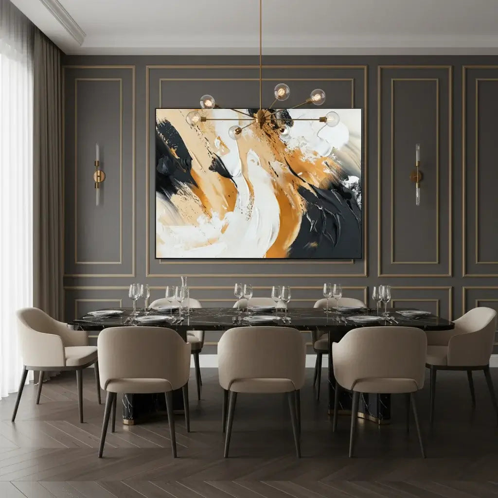 Modern dining room with abstract art on the wall